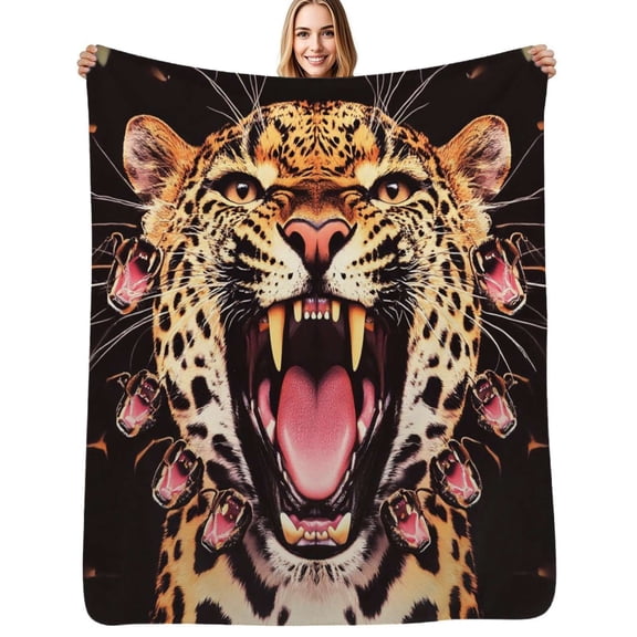 Roaring leopard snakes surround face Flannel Blanket Warm Soft Bedding Throws Winter Camping Chair Sofa Bed