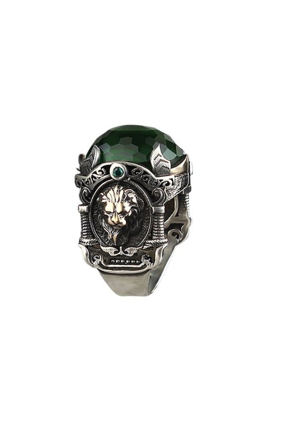 Lion Model Ring-Zircon Ring-925k Unisex Silver Jewelry-Vintage Gemstone Ring-Gift for Him and Her-925k Turkish Handmade Sterling Silver Green Ring | 10