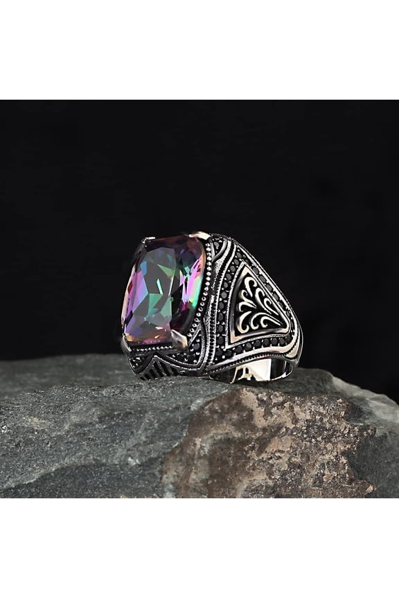 Mystic Topaz Silver Ring-Mens Handmade Ring-Men's Rings-Gift for Him and Her-925 Rings for Men-Handmade Mystic Topaz Ring-Men's Topaz Ring | 14