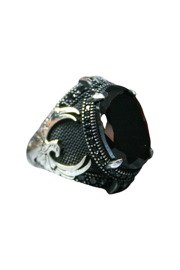 Phoenix Zircon Ring-925k Unisex Silver Jewelry-Vintage Gemstone Ring-Gift for Him and Her-925k Turkish Handmade Sterling Silver Black Ring | 11.5