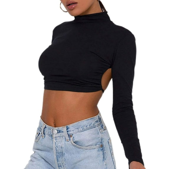 Roaso Women's Backless Crop Top Mock Neck Long Sleeve Tops Sexy Clubwear