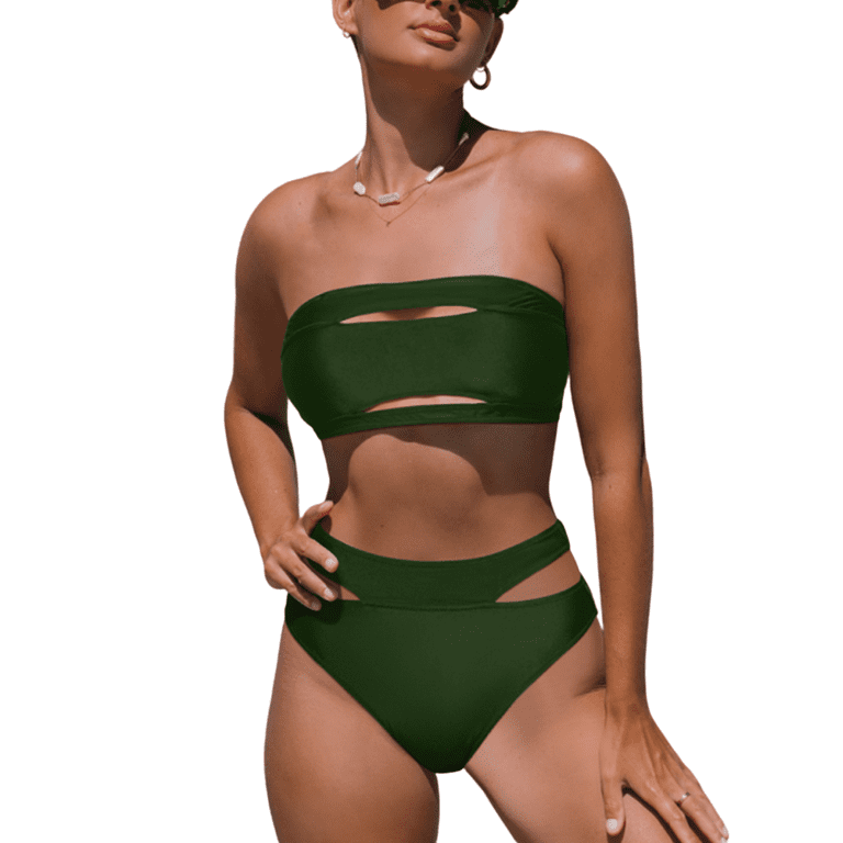 Roaso Women s Cut Out Bandeau Push up Swimsuit Strapless High Waisted Bikini Swimwear Set Walmart