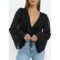 thumbnail image 1 of Roaso Women's Deep V Neck Crop Top Chiffon Ruffle Hem Blouse See Through Tie Front Shirt, 1 of 6