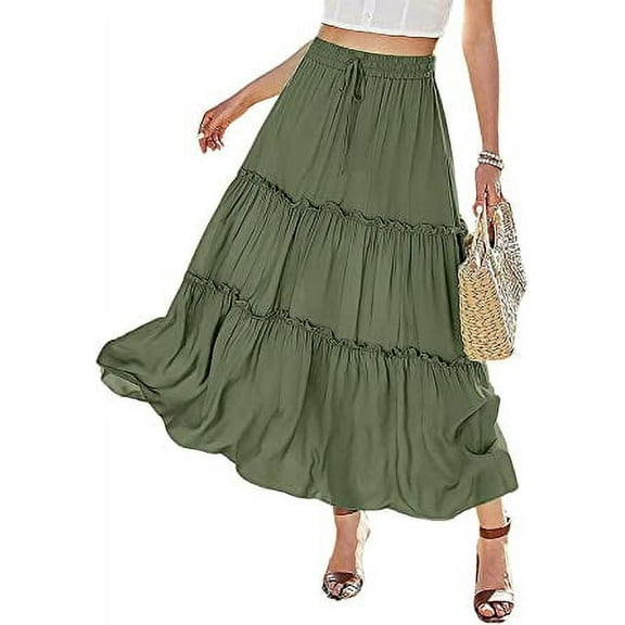 Roaso Women's High Waist Long Skirts Ruffle Causal Elastic A Line Maxi Skirt