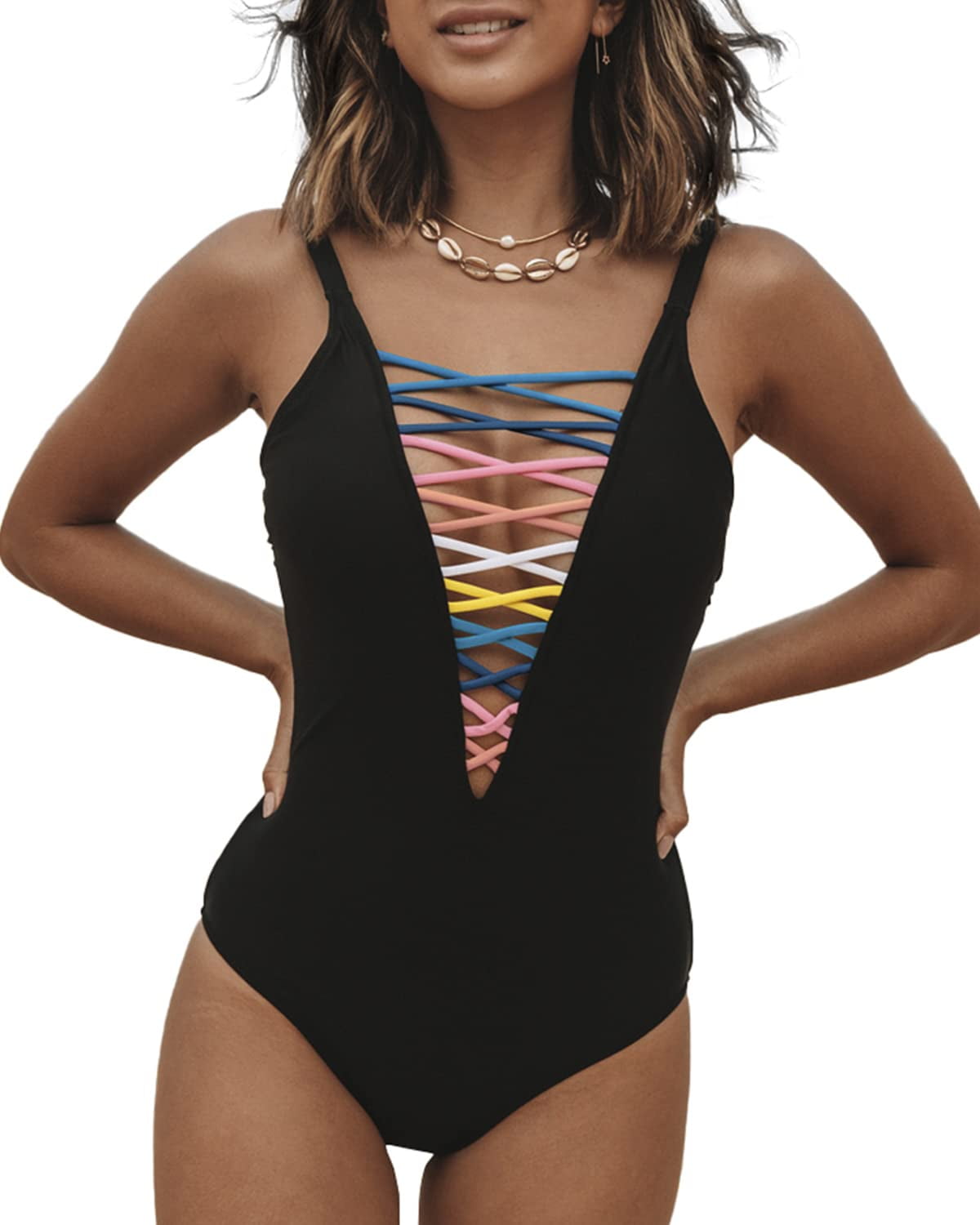 Roaso Women's Lace Up Deep V Sexy Monokini Swimwear Black Beachwear One  Piece Swimsuit 