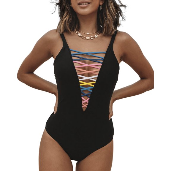 Roaso Women's Lace Up Deep V Sexy Monokini Swimwear Black Beachwear One Piece Swimsuit
