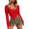 thumbnail image 1 of Roaso Women's Long Sleeve Crop Top Ruched Front Square Neck Asymmetrical Hem Tops, 1 of 4