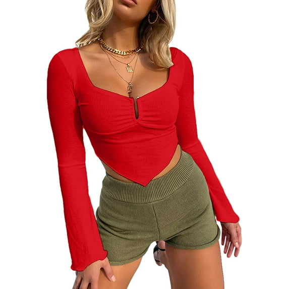 Roaso Women's Long Sleeve Crop Top Ruched Front Square Neck Asymmetrical Hem Tops
