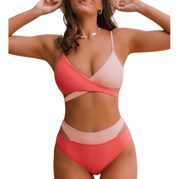 Roaso Women's Sexy V Neck Bikini Set Cutout Patchwork 2 Piece Bathing Suit