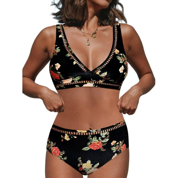 Roaso Women's Sexy V Neck Bikini Set High Waisted Floral Print 2 Piece Bathing Suit