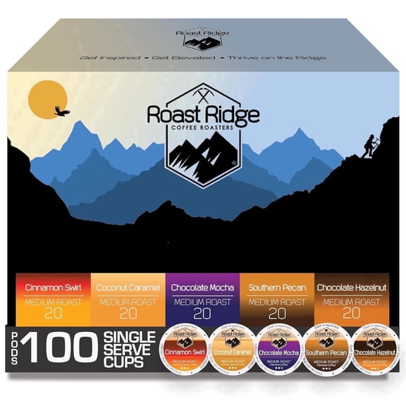 Roast Ridge Single Serve Coffee Pods for Keurig K-Cup Brewers, Variety Pack, Medium Roast, (20 each: Cinnamon Swirl, Coconut Caramel, Chocolate Mocha, Southern Pecan, Chocolate Hazelnut) 100 Count