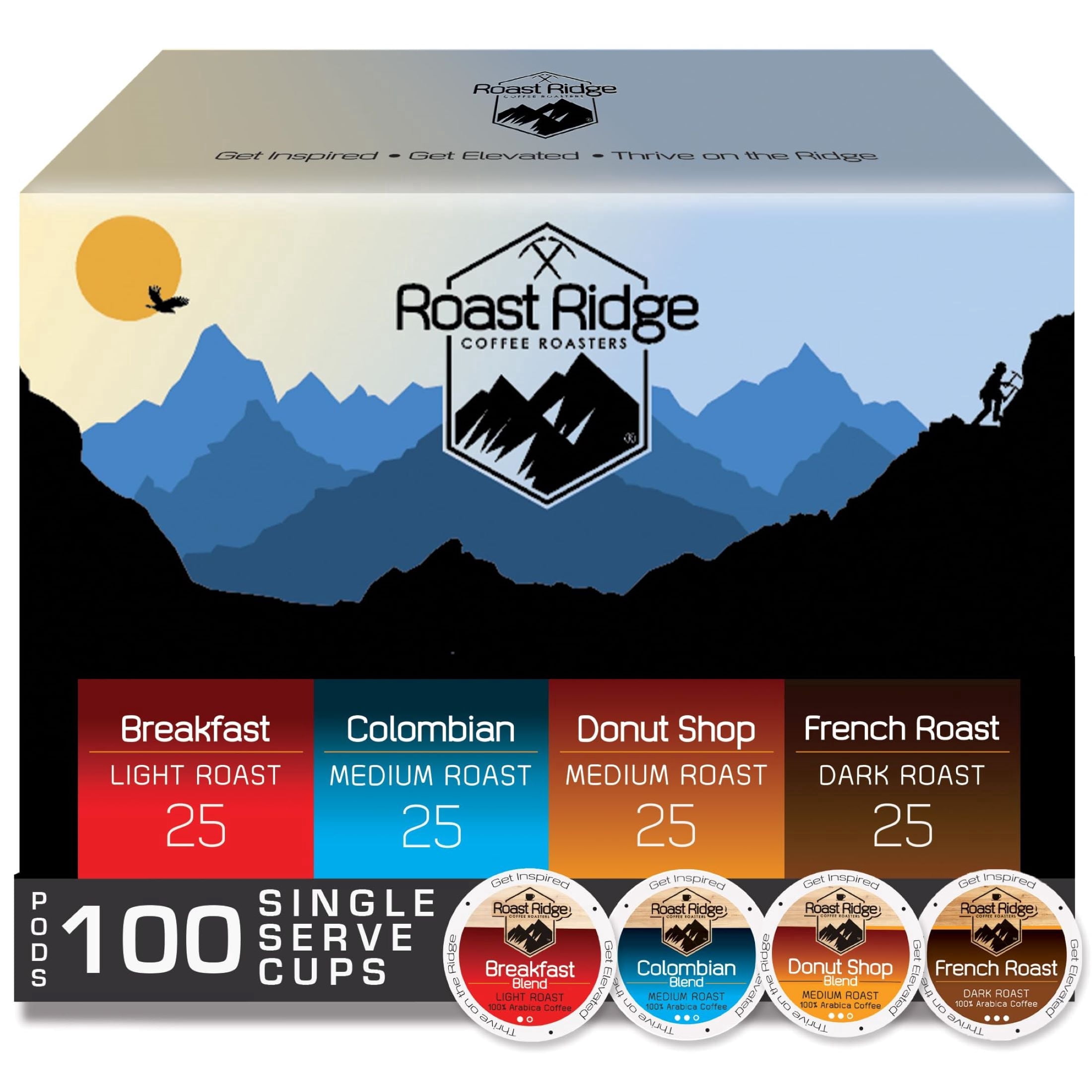 Roast Ridge Single Serve Coffee Pods for Keurig K-Cup Brewers, Variety Pack, Light, Medium, Dark Roast (25 ea: Breakfast Blend, Donut Shop, French Roast, Colombian) 100 Ct