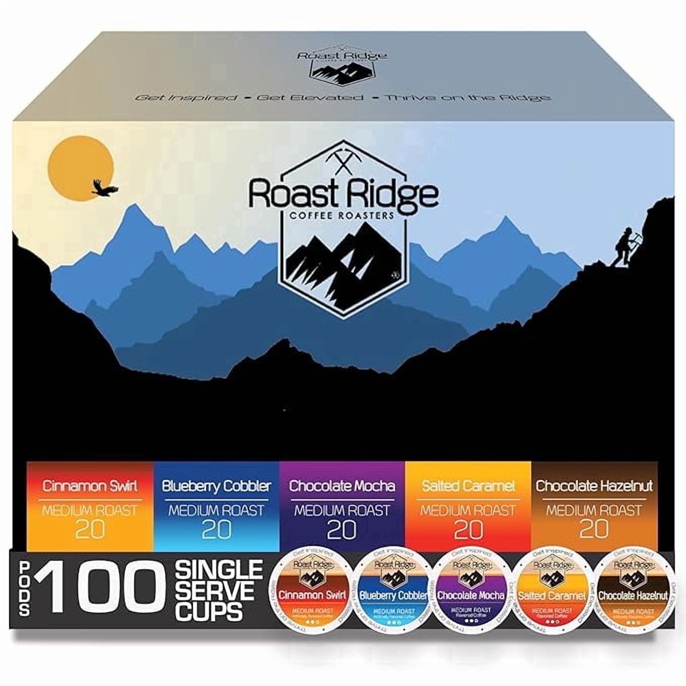Roast Ridge Single Serve Coffee Pods for Keurig K-Cup Brewers, Variety Pack, Medium Roast, (20 ea: Blueberry Cobbler, Chocolate Hazelnut, Salted Caramel, Cinnamon Swirl, Chocolate Mocha) 100 Count