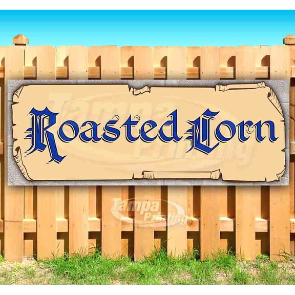 Roasted Corn Blue Text 13 oz Vinyl Banner With Metal Grommets