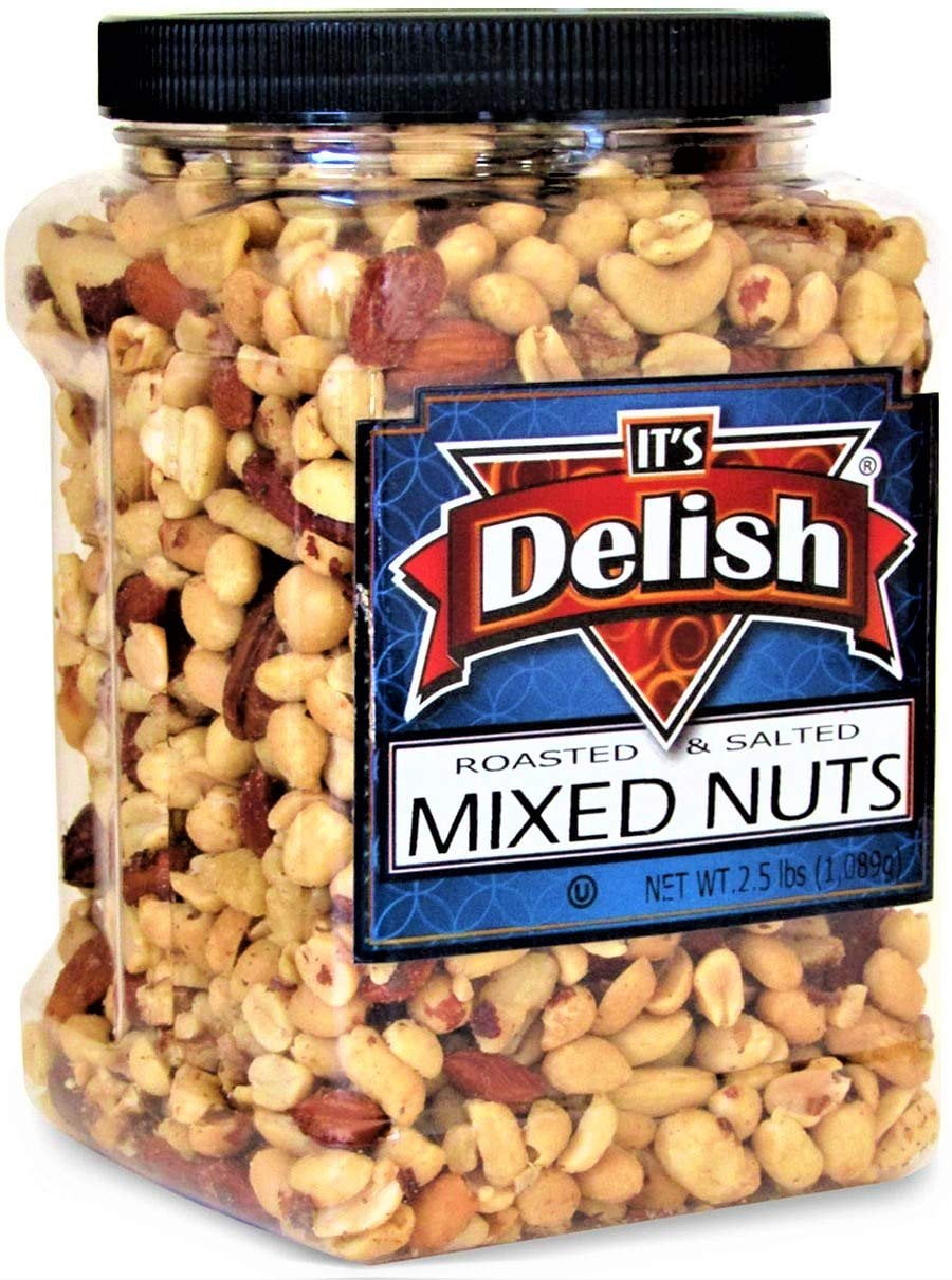 Roasted and Salted Mixed Nuts with Peanuts  with Sea Salt by Its Delish, 2.5 LBS Jumbo Reusable Container - Bulk Style, Fresh, Kosher, Crunchy & Delicious