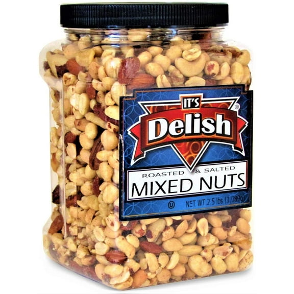 Roasted and Salted Mixed Nuts with Peanuts with Sea Salt by Its Delish, 2.5 LBS Jumbo Reusable Container - Bulk Style, Fresh, Kosher, Crunchy & Delicious