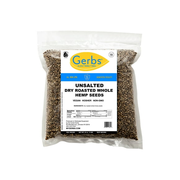 Roasted Unsalted Hemp Seeds In Shell by Gerbs - 2 LBS. - Top 14 Food Allergen Free & Non GMO - Vegan & Kosher