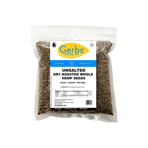 Roasted Unsalted Hemp Seeds In Shell by Gerbs - 2 LBS. - Top 14 Food Allergen Free & Non GMO - Vegan & Kosher