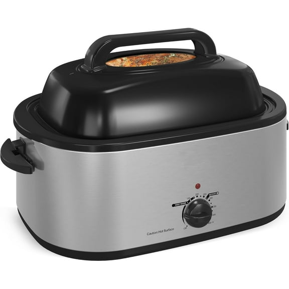 Roaster Oven 24 Quart, Electric Roaster Oven with Viewing Lid, Electric Turkey Roaster Pan with Defrost & Warm Function, Fast-Heating Turkey Roaster with Removable Pan & Rack, Stainless Steel, Sliver