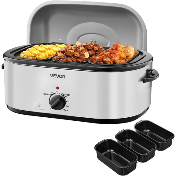 Roaster Oven, Electric Turkey Roaster Oven, 150-450 Adjustable Temperature Electric Roasting Pan with 3 Bin Buffet Server, Self-Basting Lid, Defrost Warm Function, Self-Basting Lid