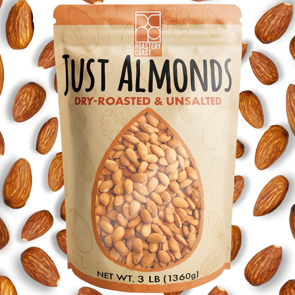 Roastery Coast Just Roasted Almonds | 3 Pounds | Bulk | Unsalted Nuts | Slow Dry Roasted | Steam Pasteurized | Plant Protein | Gluten Free | Non-GMO | Low carb | Keto Snack
