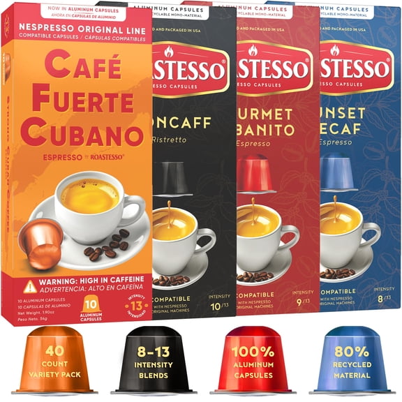 Roastesso, Aluminum Espresso Capsules, Variety Pack Blend, Compatible with Nespresso Original Machines, Medium to Dark Roast Intensity 8-13 Ristretto, Recyclable Coffee Pods, Packed in USA (40 Count)
