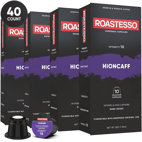 Roastesso Coffee Hioncaff Strong Nespresso Pods Compatible OriginalLine Espresso Capsules, Intensity 10 (40 Count)