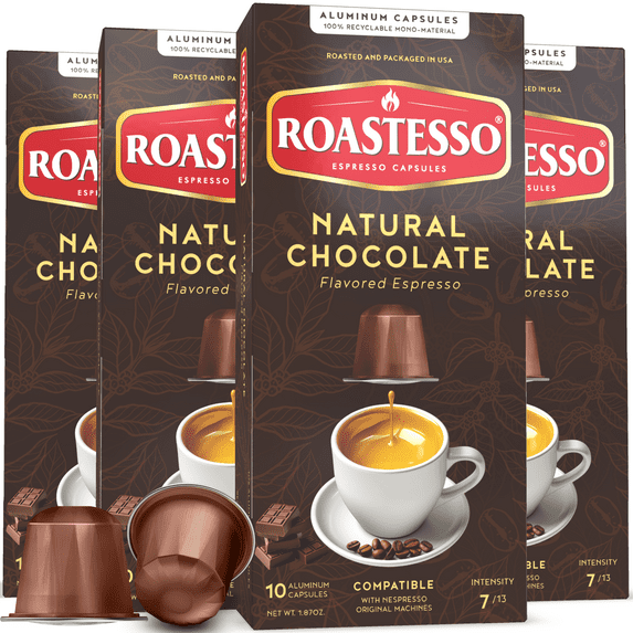 Roastesso Coffee Natural Chocolate Flavored Nespresso Capsules Compatible OriginalLine Espresso Pods, Intensity 7 (40 Count)