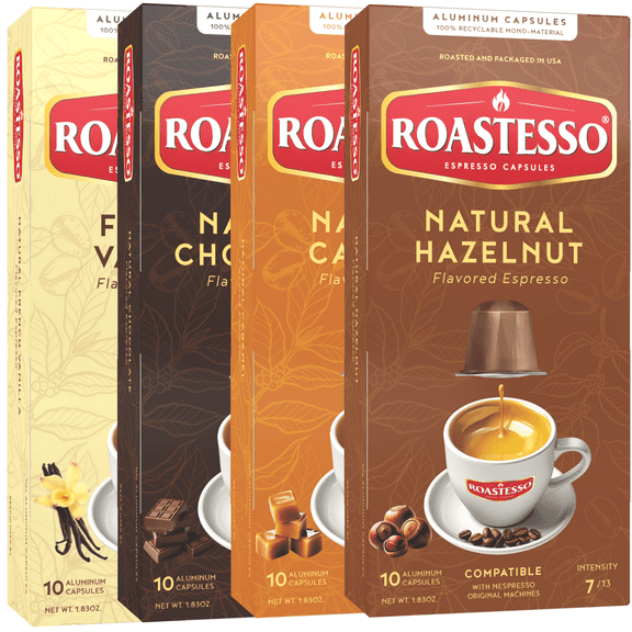 Roastesso Coffee Natural Variety Pack Flavored Nespresso Capsules Compatible OriginalLine Espresso Pods, Intensity 7 (40 Count)