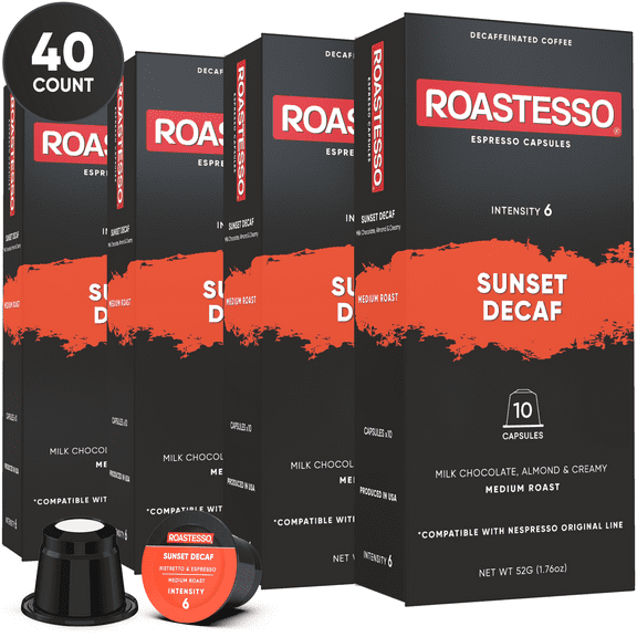Roastesso Coffee Sunset Decaf Nespresso Pods Compatible OriginalLine Espresso Capsules, Intensity 6 (40 Count)