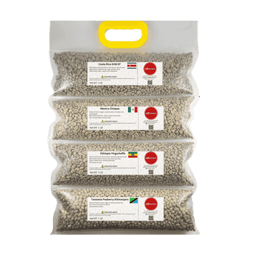Roastika - Unroasted Green Coffee Bean - 4lb (pack of 4) - Sampler Pack - Bundle 2 (COSTA RICA SUPERIOR SHB EP/MEXICO CHIAPAS HG EP/ETHIOPIA YIRGACHEFFE/TANZANIA PEABERRY KILIMANJARO)