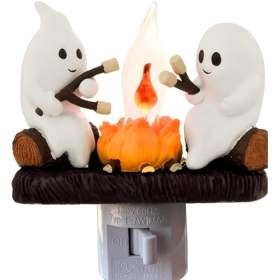 Roasting Marshmallow Night Light, Plug In Wall Lamp With Flickering Campfire, White Resin, Halloween Decor