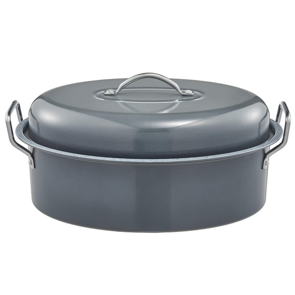HONGBAKE 18 Inch Turkey Roasting Pan with Rack and Lid, Extra Large Red Carbon Steel Roaster Pan for 25 lb Turkey, Heavy Duty Nonstick, Oven Safe Baking Pan for Holiday & Thanksgiving, Light Gray