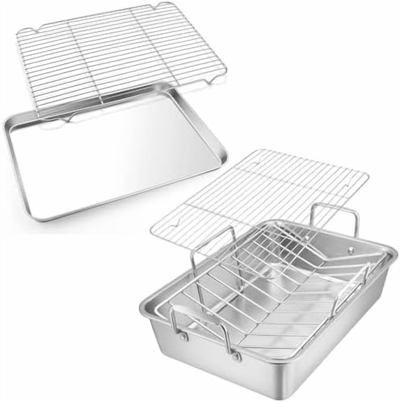 Roasting Pan And Cookie Sheet, Turkey Roaster Baking Tray Holder With Wire Racks For Kitchen Oven Cooking Broiling, Deep Rim Meat Dish Set, Modern Style, Silver
