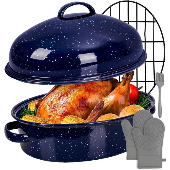 Roasting Pan with Lid & Rack 18 Inch 5 count Deep Turkey Oval Enamel Baking Pan for 572?F Oven Dishwasher Safe Non-Stick Non- Domed Pot Thanksgiving Roaster Set