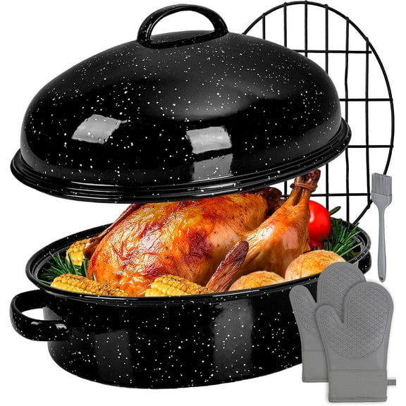 Roasting Pan with Lid & Rack 18 Inch 6 count Deep Turkey Baking Pan for Oven 572?F Dishwasher Safe Oval Enamel Non-Stick Non- Pot for Thanksgiving Domed Roaster Set