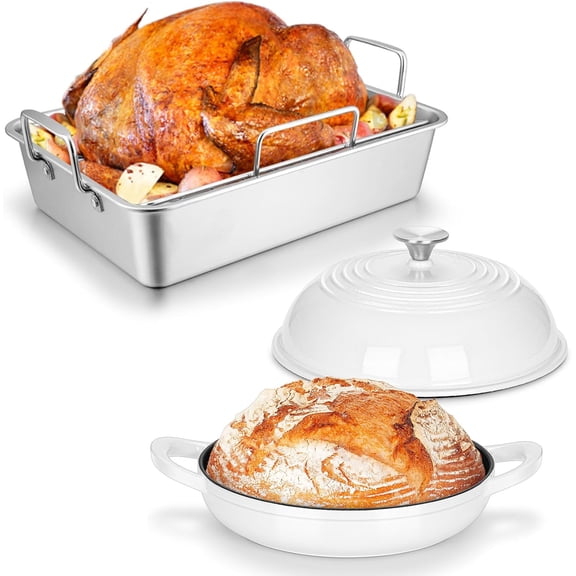 Roasting Pan with Rack & Bread Dutch Oven for Sourdough Baking, Roaster Pan and V-rack for Toaster Oven, Enameled Cast Iron Dutch Oven Pot with Lid White