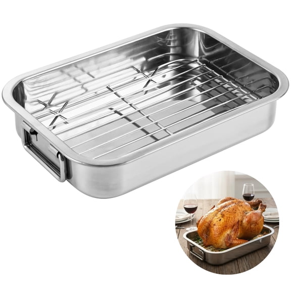 Roasting Pan with Rack & Handles, 430 Stainless Steel Roaster Pan for Oven, Heavy-duty Rectangular Baking Tray for Meat, Turkey, Seafood, Vegetables, 9.8 x 7.1 x 2"