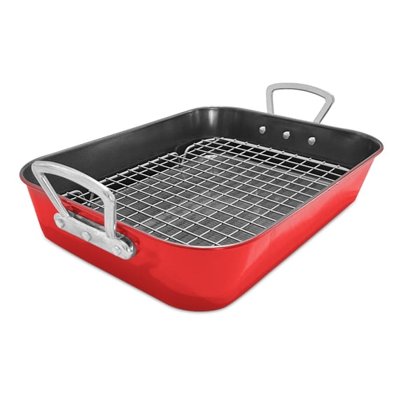 Roasting Pan with Rack Nonstick Roasting Baking Tray with Handle Carbon Steel Versatile Christmas Roasting Pan for Turkey,Chicken,Steak,Beef,Seafood,Vegetables,Pasta,etc Red 15.7inch,44.5cm