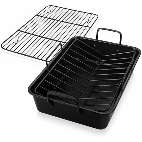 Roasting Pan with Racks, Large Stainless Steel Turkey Roaster with V-Shaped & Cooling Rack for Oven, 16 Inch Nonstick Deep Broiler Pan with Handles for Baking Chicken Lasagna Meat, Heavy Duty