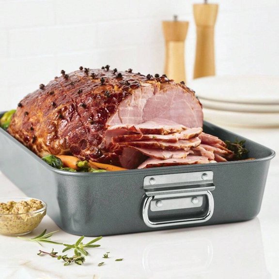Roasting Pan with Removable Rack, 10.5x15 Inch Non-Stick Turkey Roaster for Oven, Heavy Duty Gray Broiling Pan for Chicken, Vegetables and Meats, Dishwasher Safe Bakeware