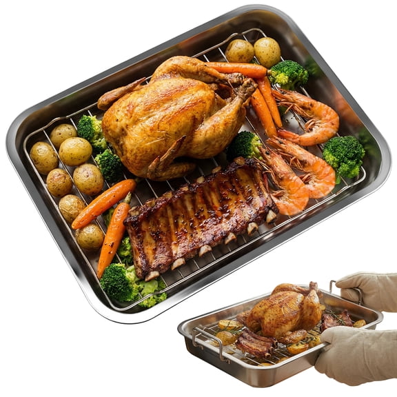 Toorise Roasting Pan with Removable Rack Stainless Steel Roasting Dish Large Capacity Tray Pan with Handle Non Stick and Dishwasher Safe for Oven Gas Stove Induction Cooktop