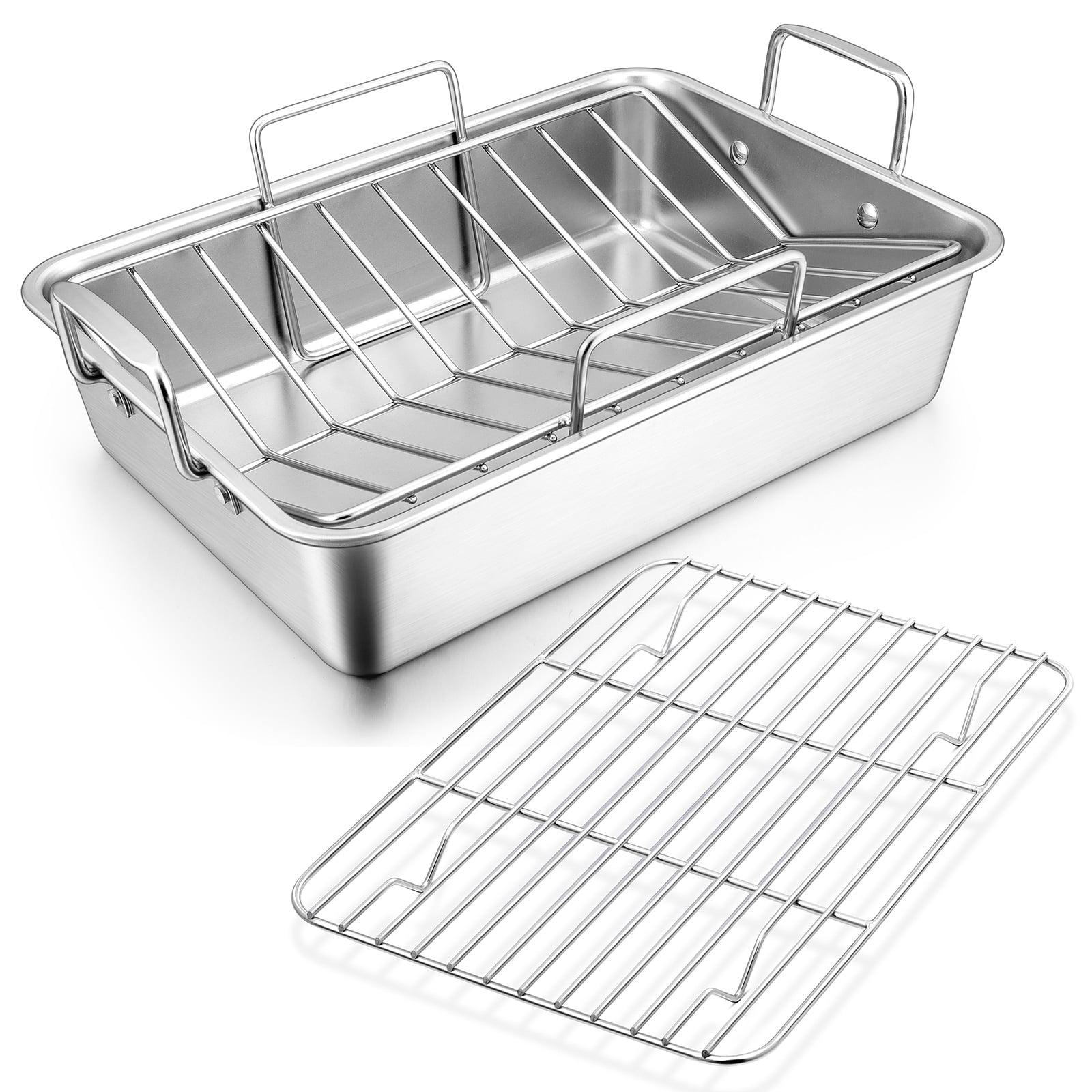 Roasting Pan, VeSteel 14 Inch Stainless Steel Turkey Roaster with Rack, Include Deep Lasagna Pan & V-Shaped Rack & Roasting Rack, Non-Toxic & Heavy Duty, Dishwasher Safe