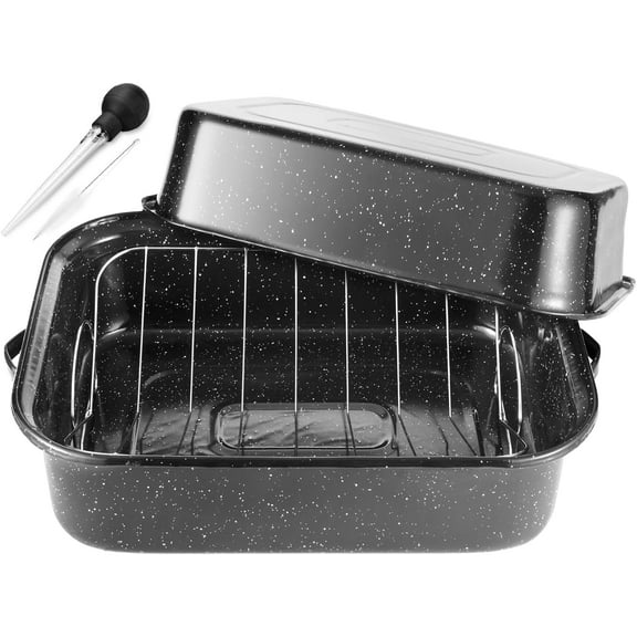 Roasting Pan With Lid and Rack, 21' Rectangular, 25lb Turkey Roaster Pot, Large Oven Roaster Tray, V-Rack and Versatile Lid Bone Turkey Baster