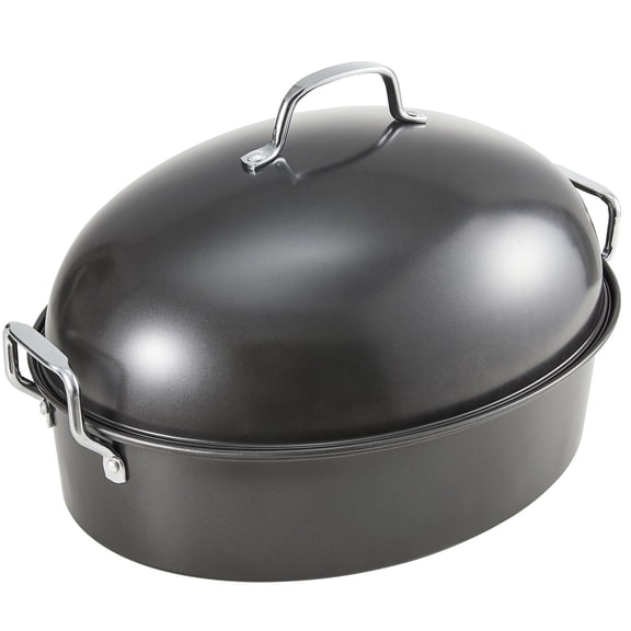 KITESSENSU Extra Large Roasting Pan with Lid - Nonstick Turkey Roaster with Rack 18 x 14 Inch - Heavy Duty Covered Roasting Pot for Oven, Dishwasher Safe, Gray