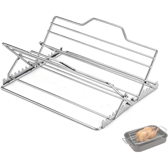 Roasting Rack for 9x13 Inch Pan, Adjustable Turkey Rack for Roasting Pan V-Shaped, Made of Stainless Steel, Keeps Food Elevated and Improves Airflow, Easy to Clean, Ideal for Turkey and Chicken