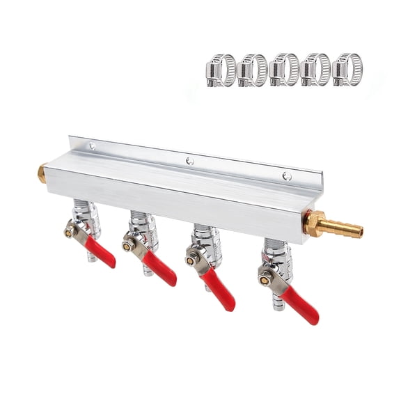 Roastove 4 Way CO2 Air Distributor Manifold 5/16" Barb Gas Splitter with Shut Off Valves Aluminum Brass Gas Line Separator for Draft Beer Keg System