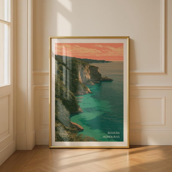 Roatan Honduras Travel Poster, Tropical Coastal Wall Art, Teal Ocean Sunset Print, Caribbean Island Decor, Poster Only