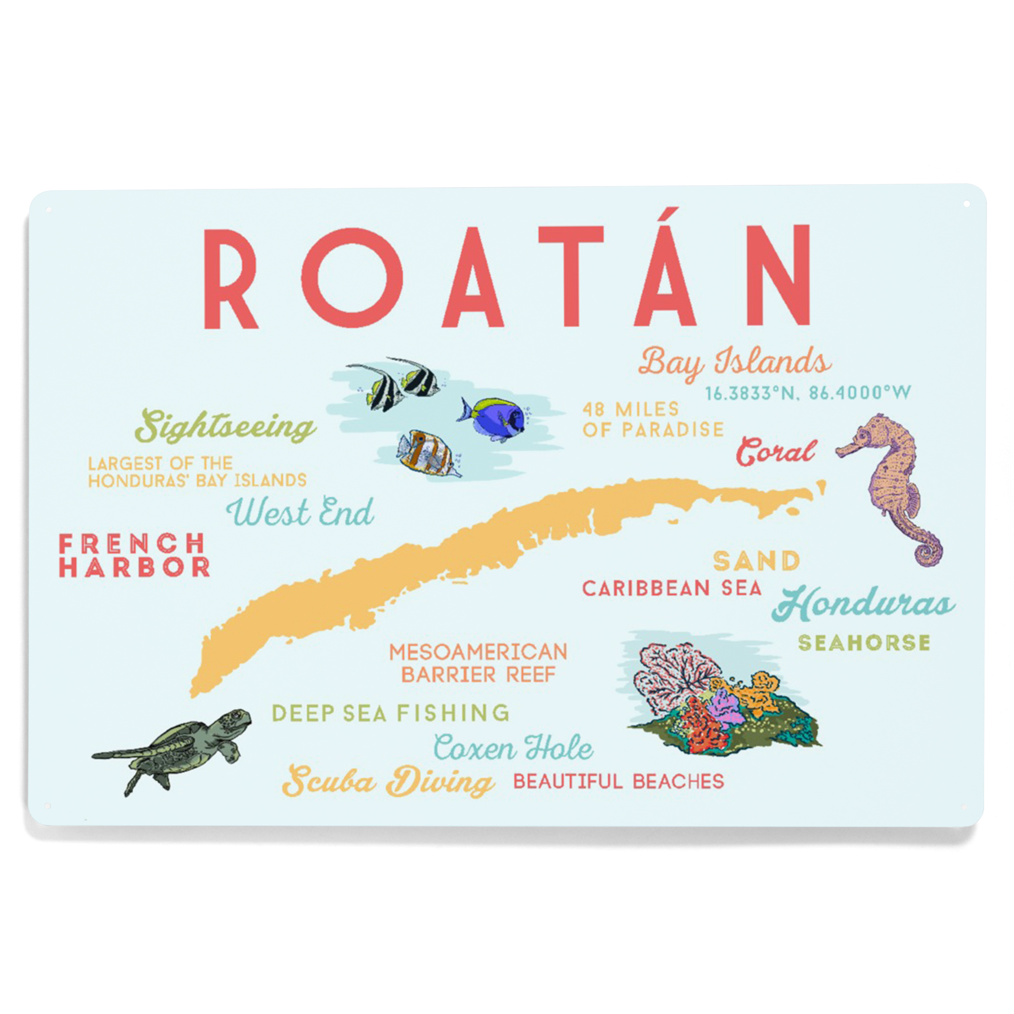 Roatan, Typography and Icons (12x18 Aluminum Art, Indoor Outdoor Metal ...