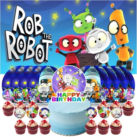 Rob the Robot Birthday Party Decor Set - 5x2.3ft Backdrop Banner, Paper Plates, Cake Toppers & Fan Decorations